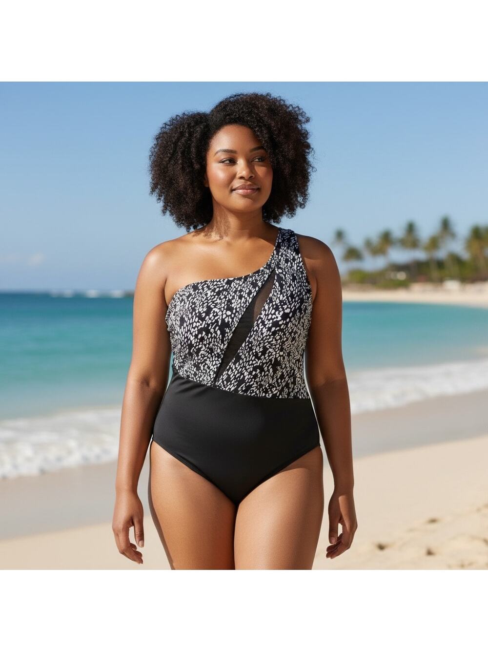 Swimsuits for All Uproar One Shoulder Mesh One Piece Swimsuit  Sz 14 Black White